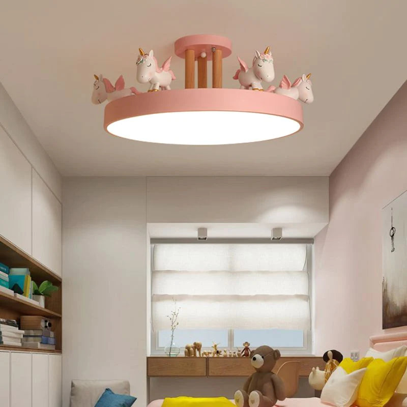 Arisha Moderno Tondo Unicorno Semi Plafoniere Acrilico/Legno Bianco/Rosa/Blu Sala Studio