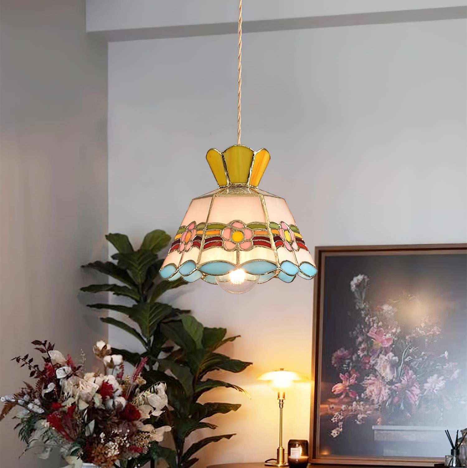 Tiffany Lampade a Sospensione Retrò in Vetro Floreale