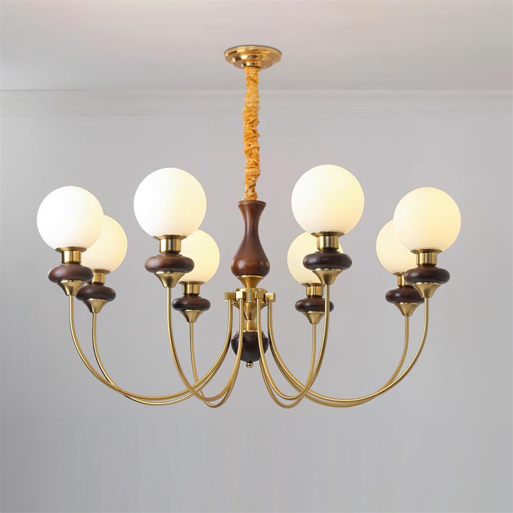 Chandelier Brass Curved Arms Walnut Vintage - Letslighting