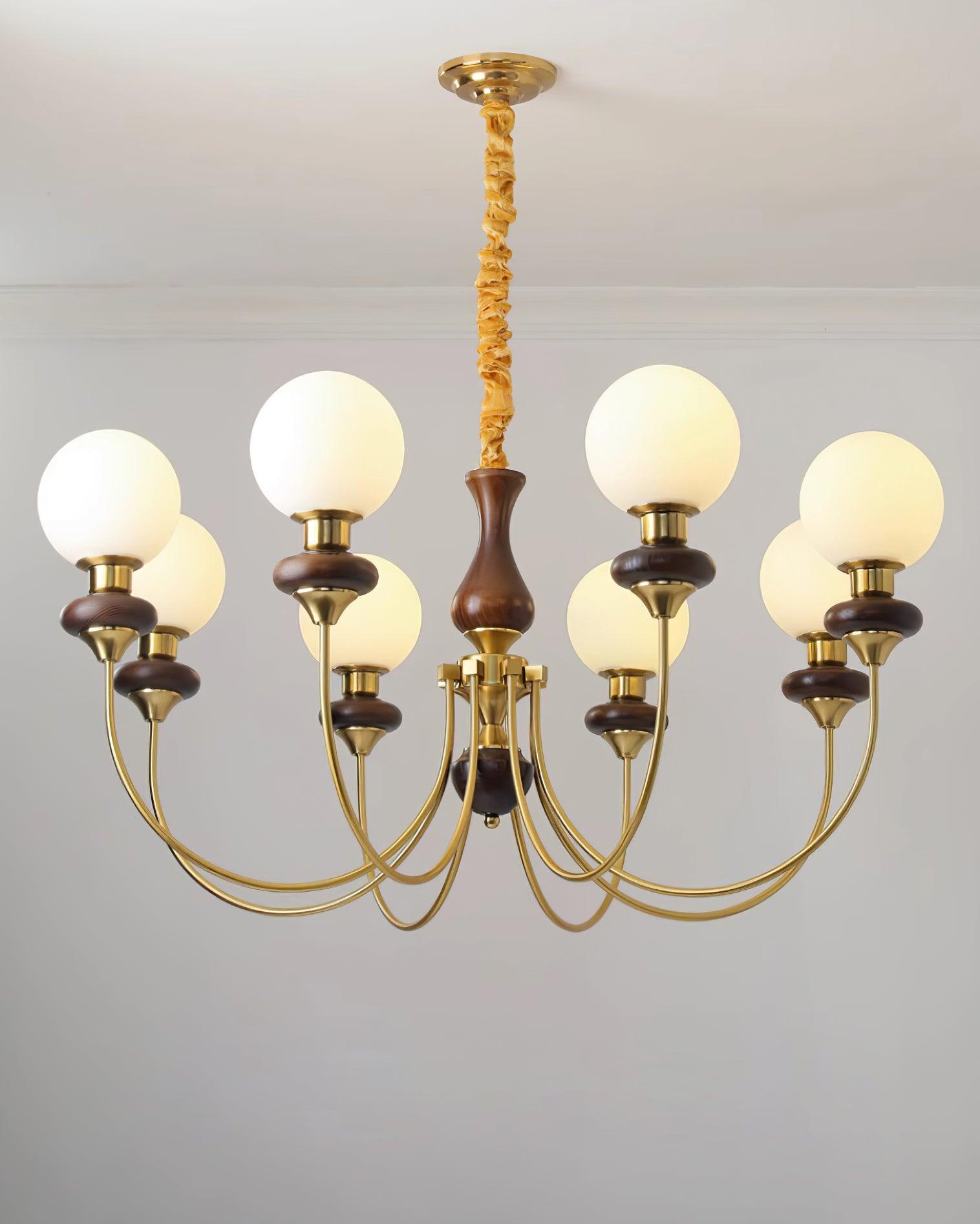 Chandelier Brass Curved Arms Walnut Vintage - Letslighting