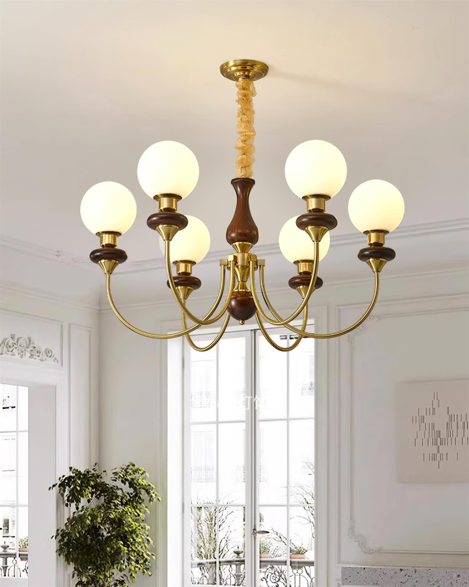 Chandelier Brass Curved Arms Walnut Vintage - Letslighting