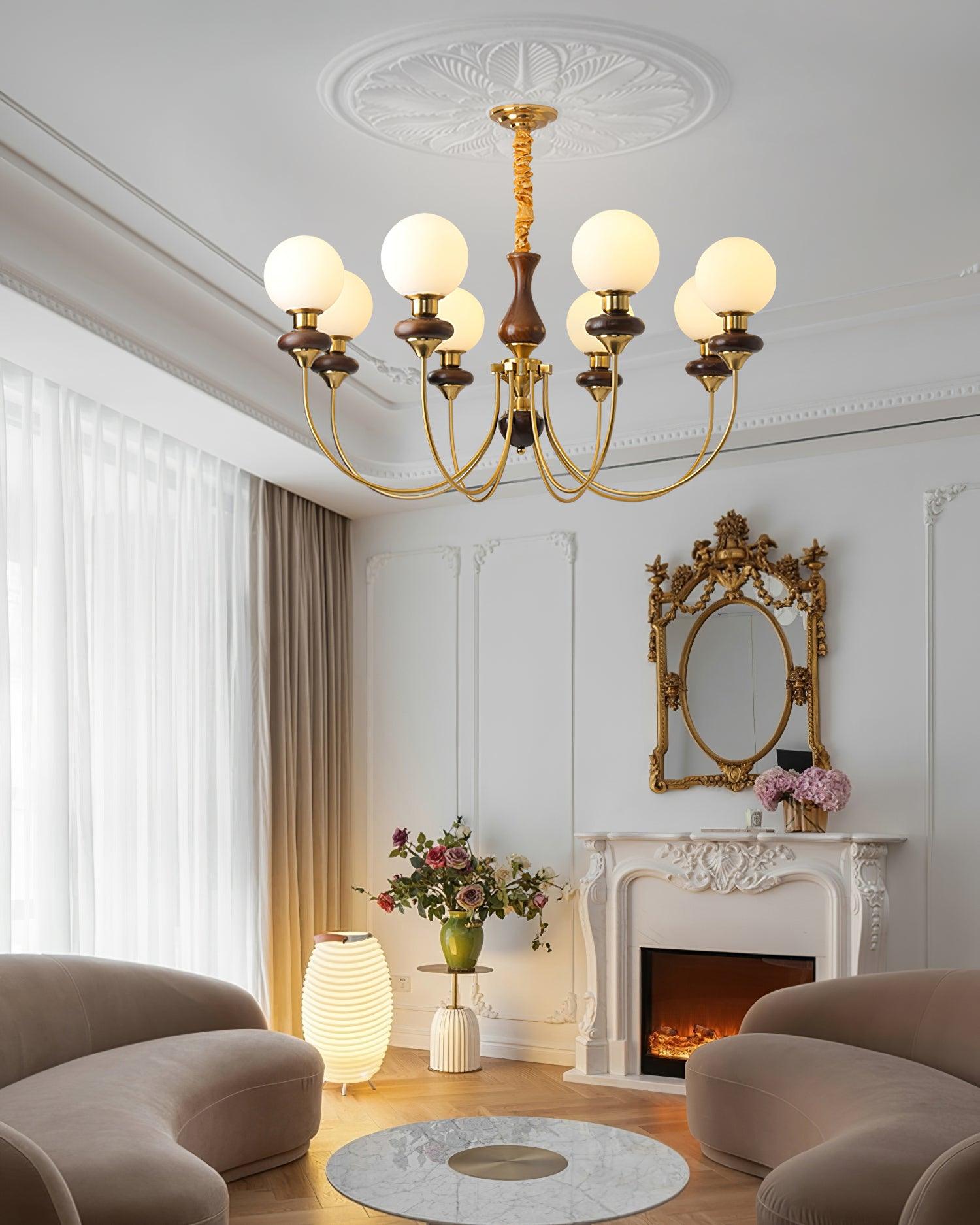 Chandelier Brass Curved Arms Walnut Vintage - Letslighting