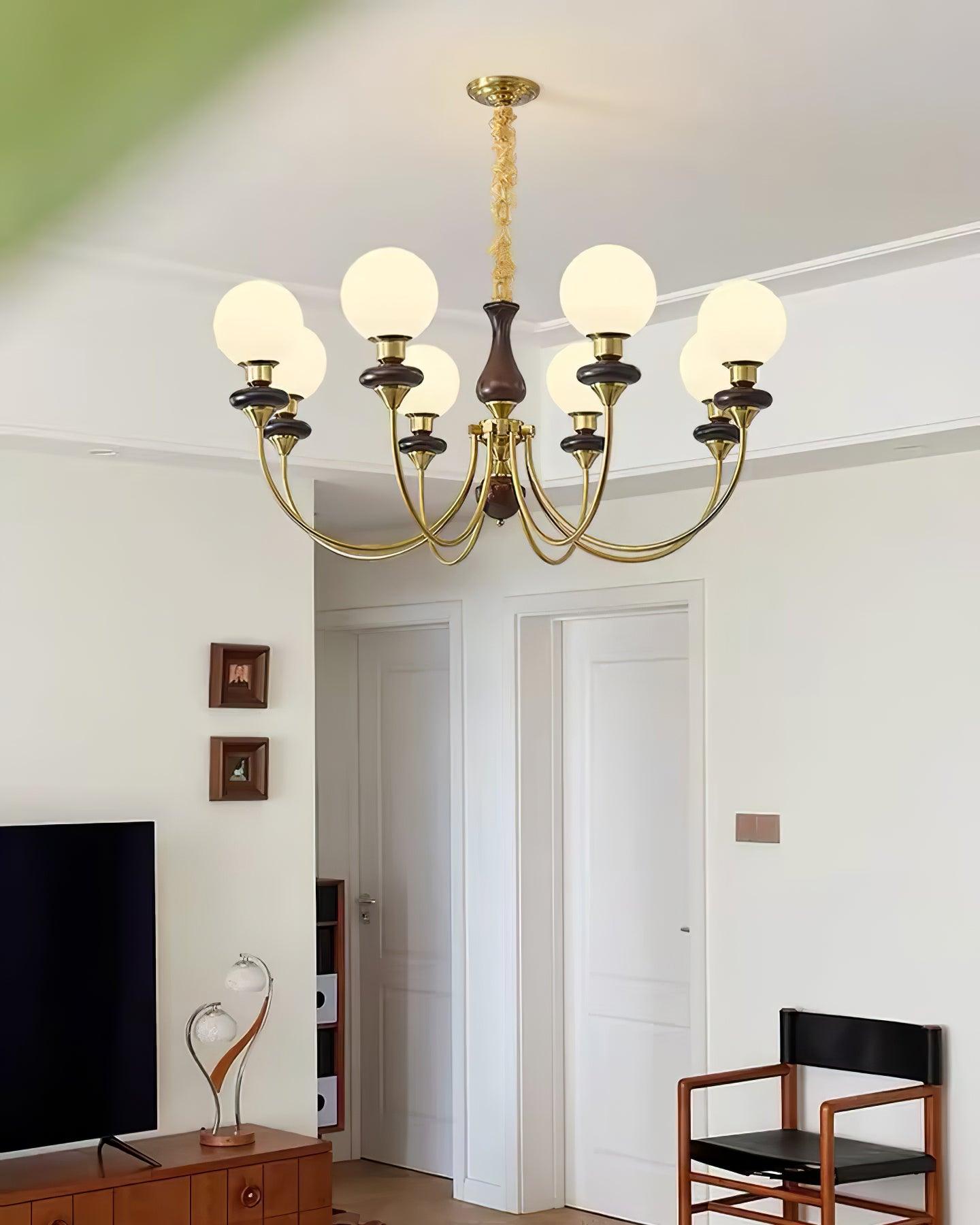 Chandelier Brass Curved Arms Walnut Vintage - Letslighting