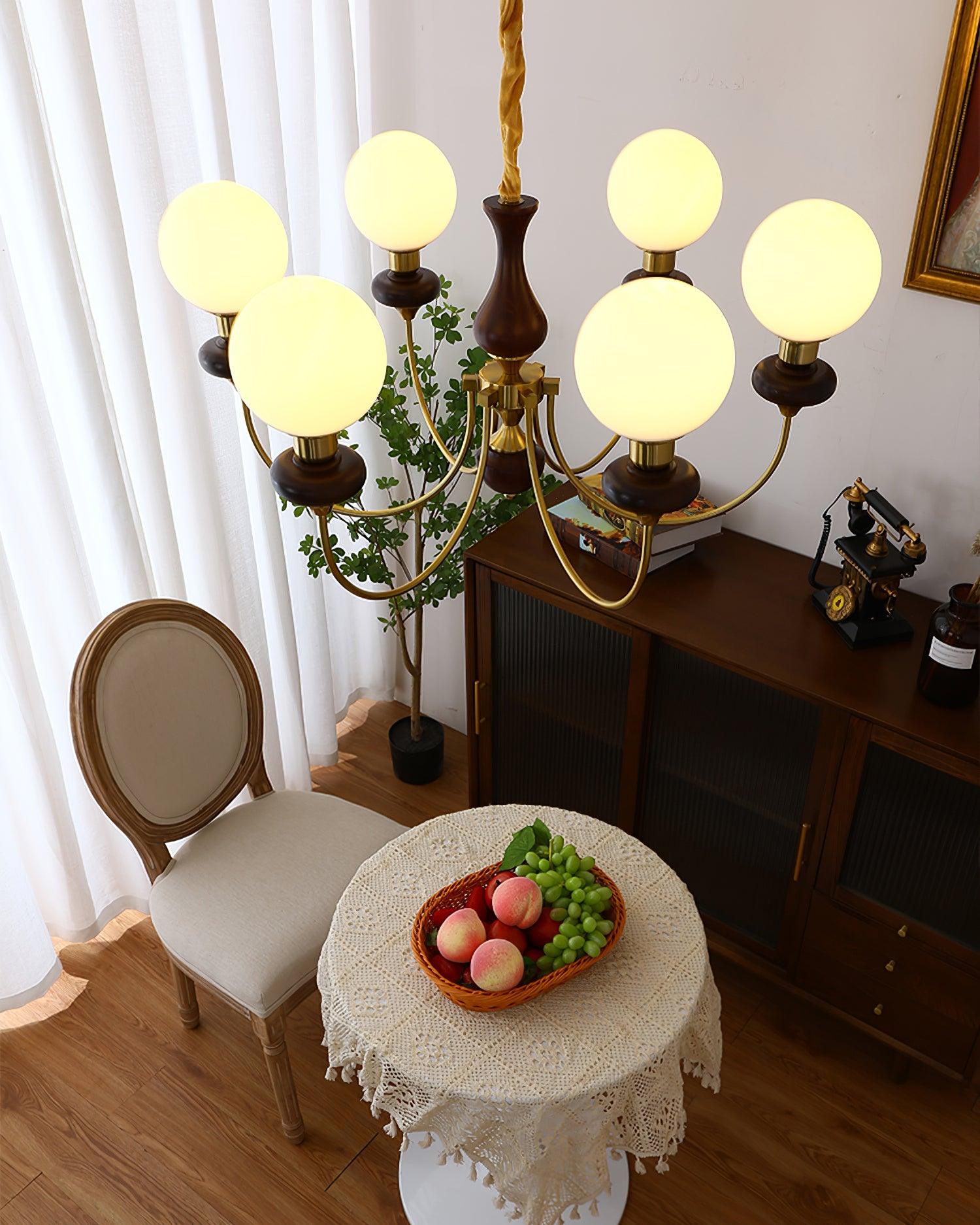 Chandelier Brass Curved Arms Walnut Vintage - Letslighting