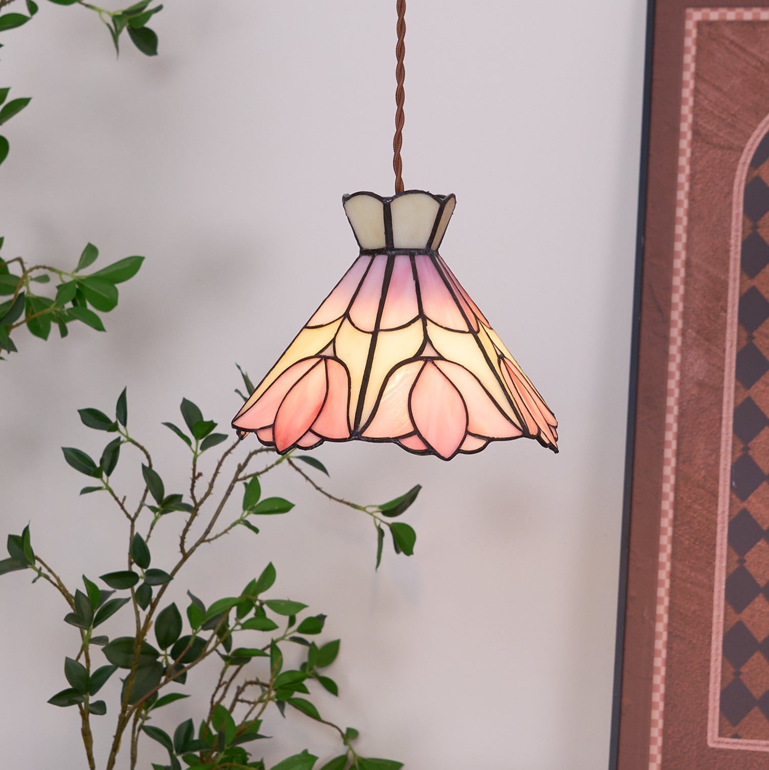 Tiffany Lampade a Sospensione Retrò in Vetro Rosa e Crema