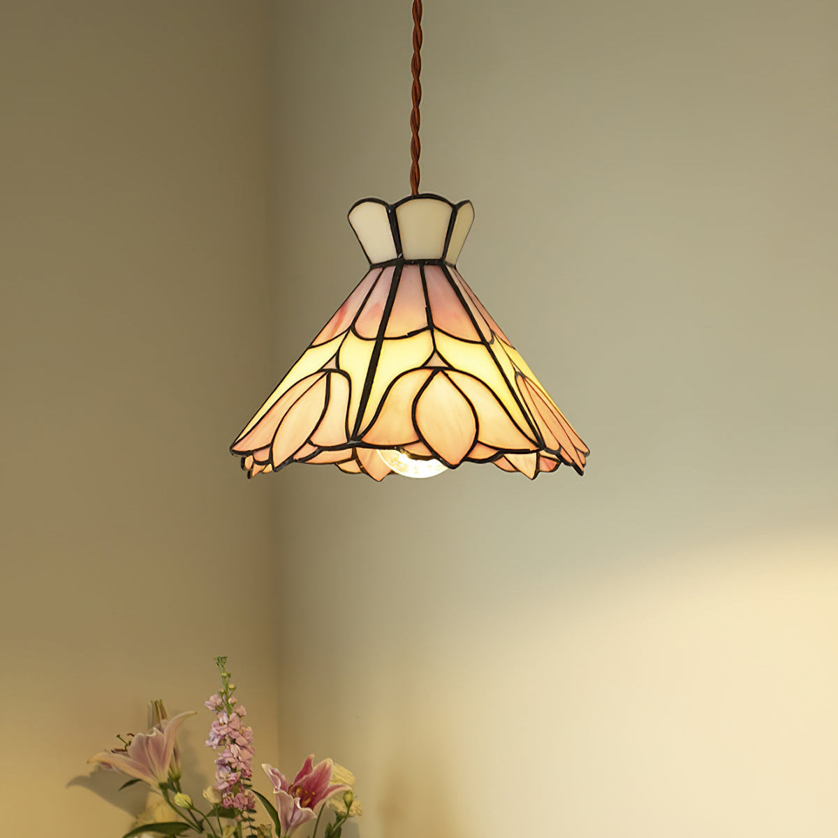 Tiffany Lampade a Sospensione Retrò in Vetro Rosa e Crema