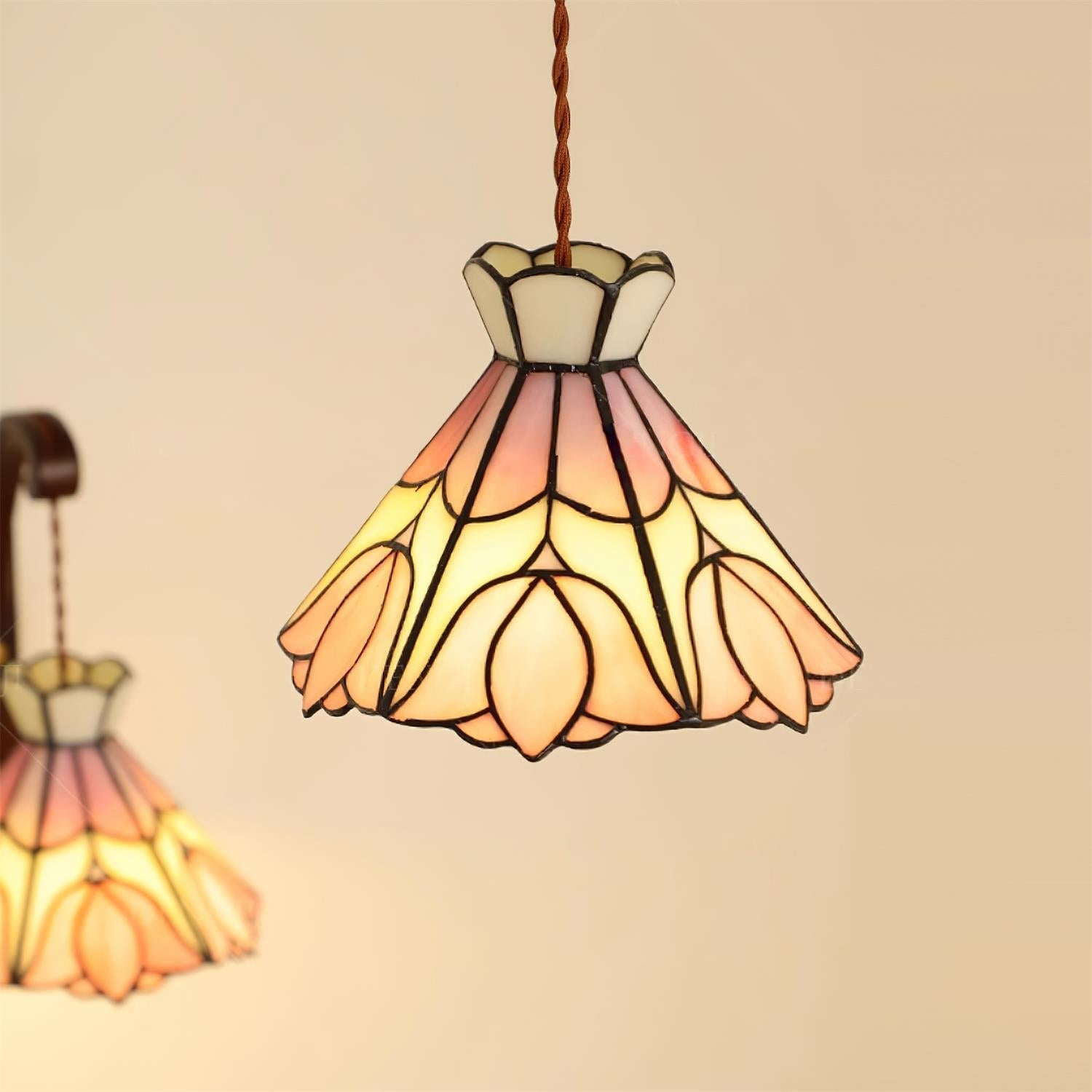 Tiffany Lampade a Sospensione Retrò in Vetro Rosa e Crema