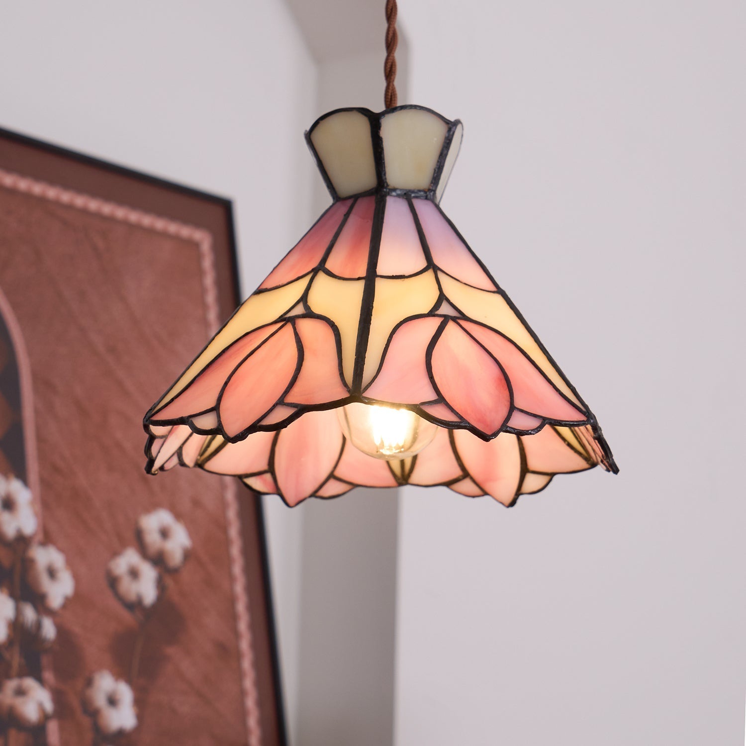 Tiffany Lampade a Sospensione Retrò in Vetro Rosa e Crema