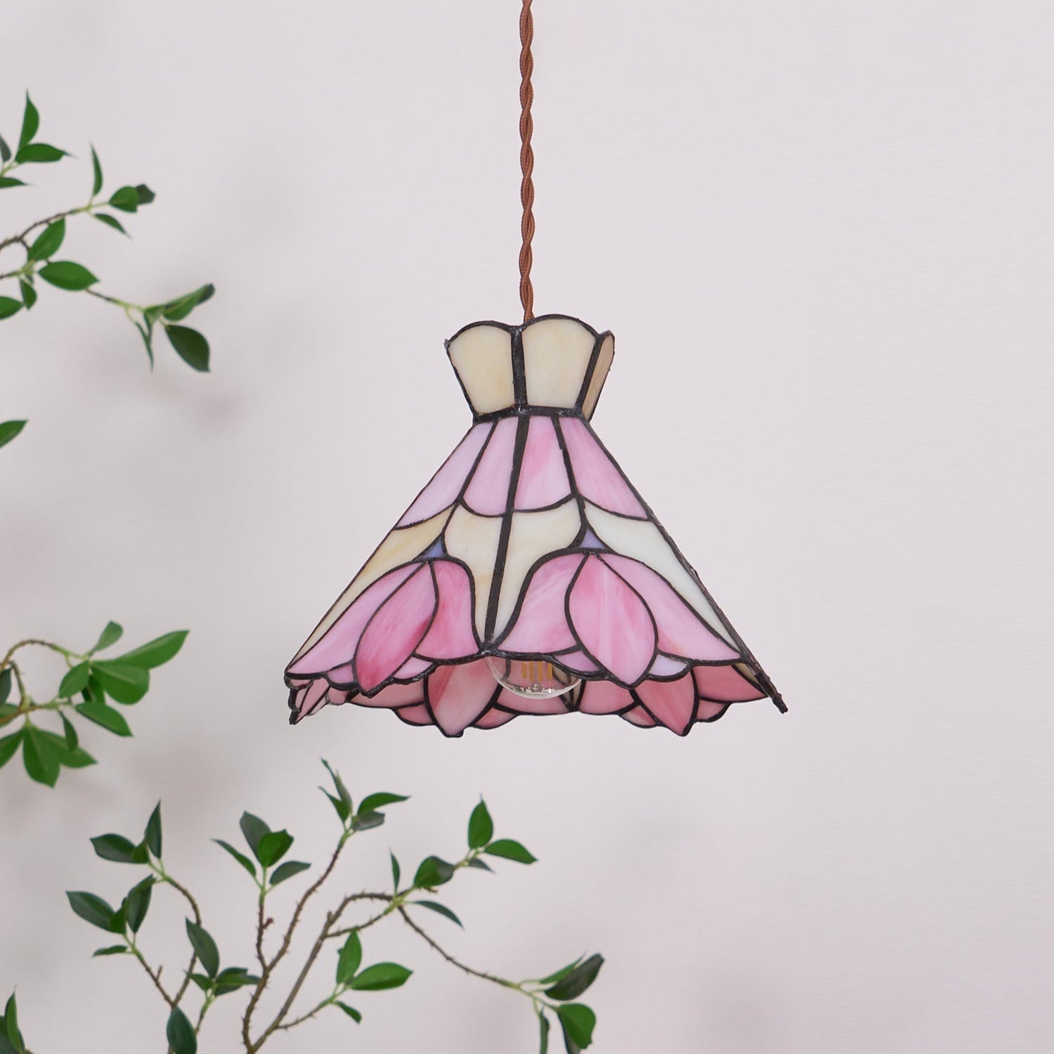 Tiffany Lampade a Sospensione Retrò in Vetro Rosa e Crema