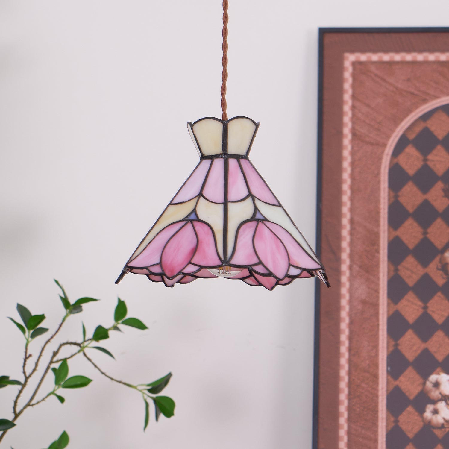 Tiffany Lampade a Sospensione Retrò in Vetro Rosa e Crema