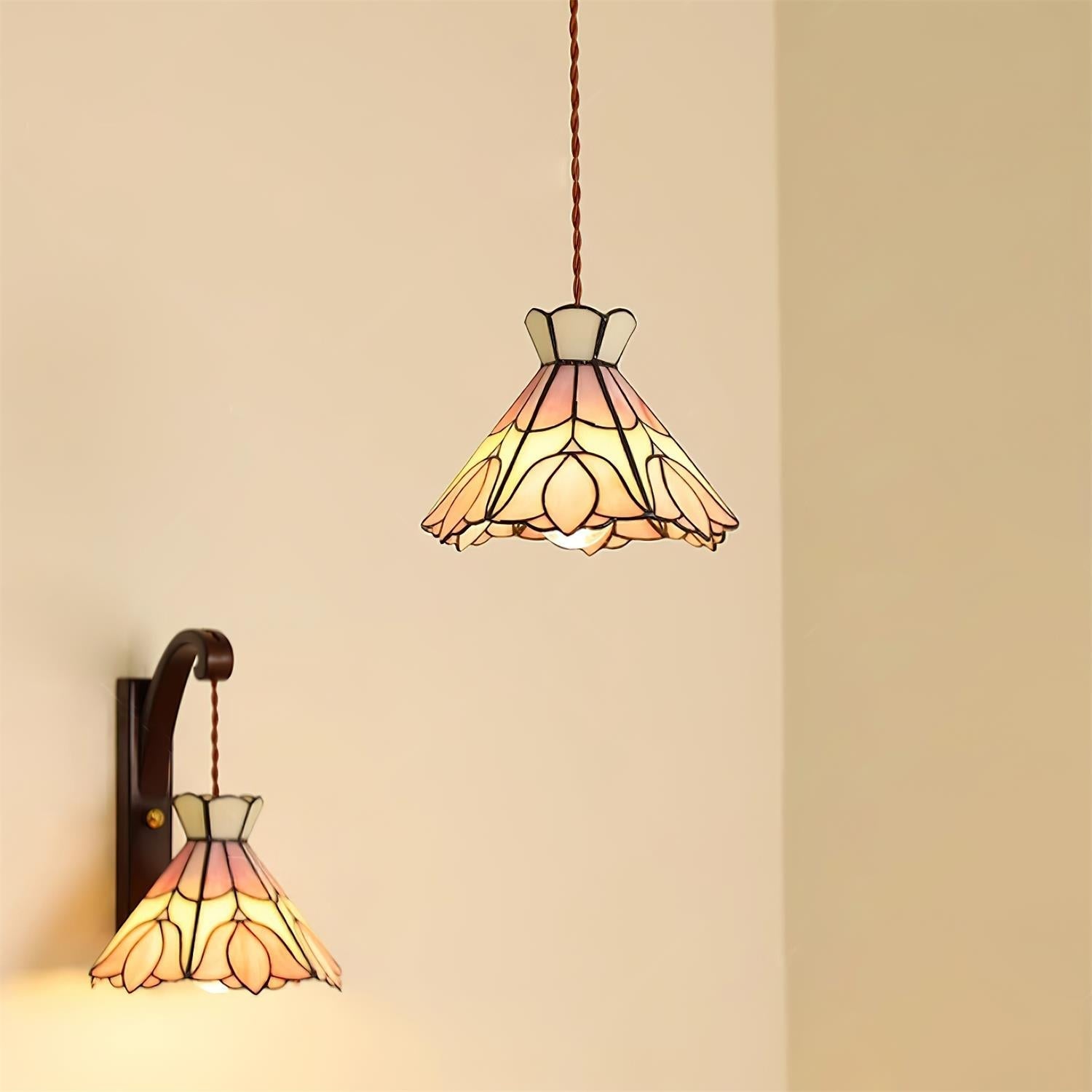 Tiffany Lampade a Sospensione Retrò in Vetro Rosa e Crema