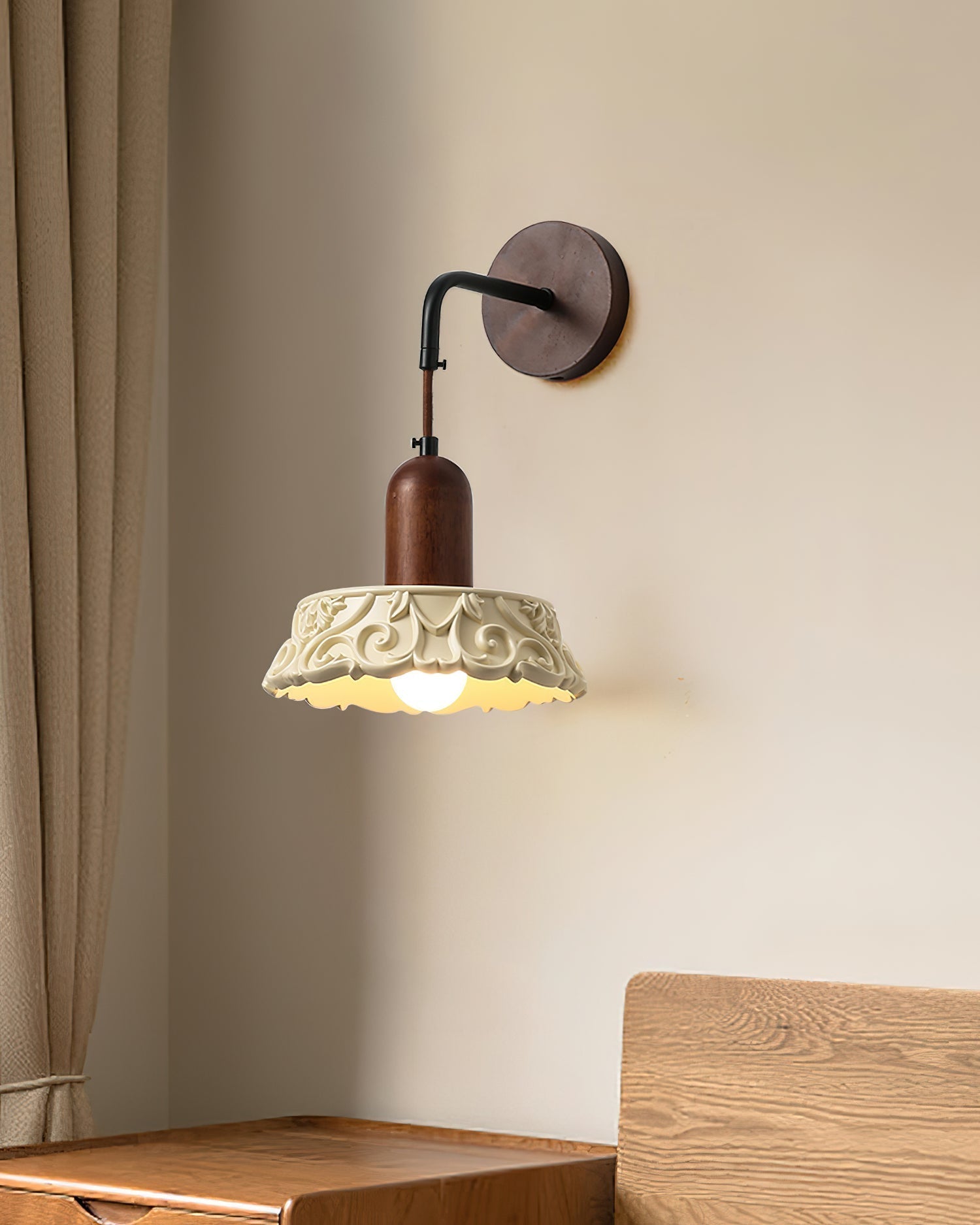 Wall Lamp with Carved Resin Shade Walnut Wood Arm Vintage - Letslighting