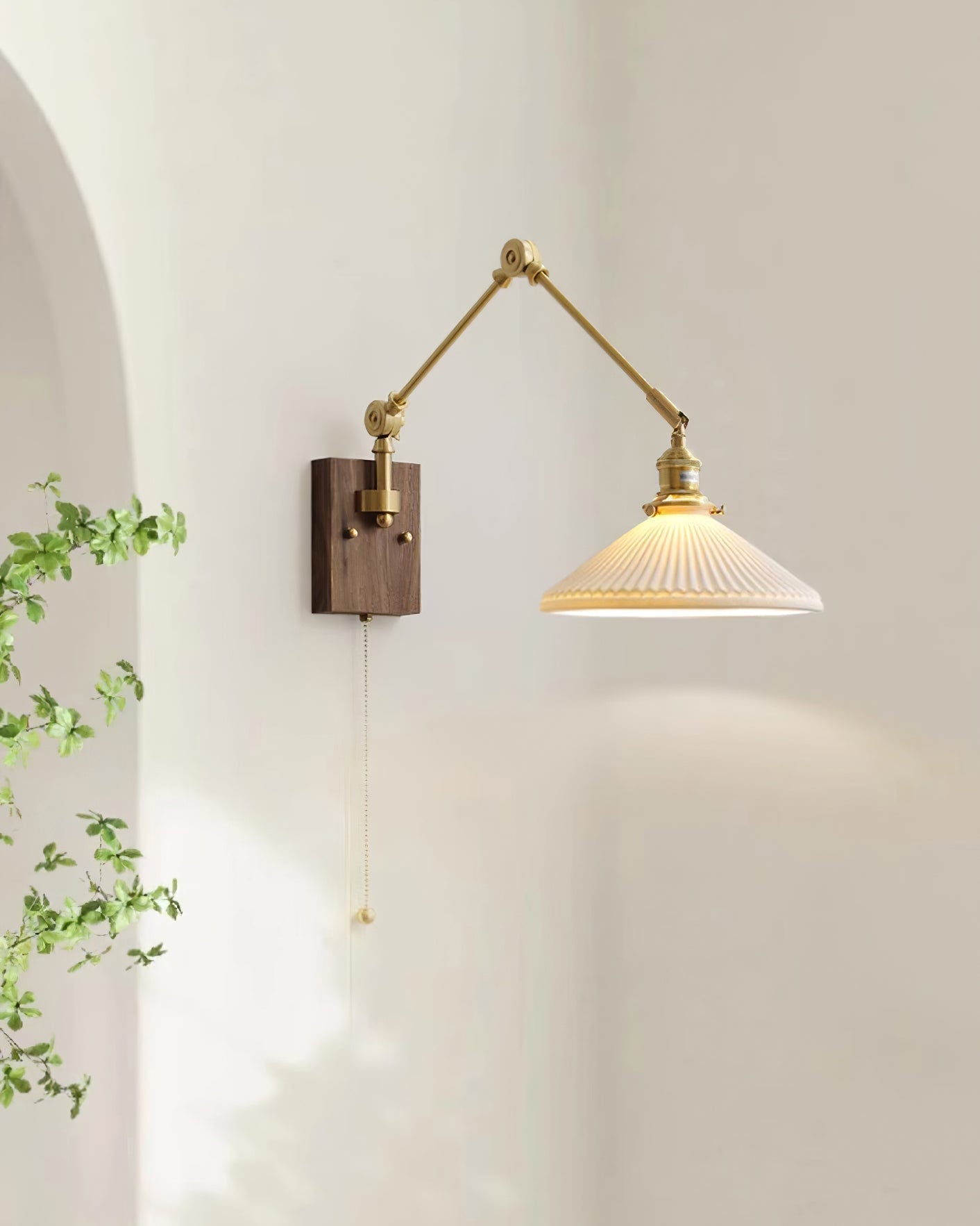 Wall Lamp Adjustable Arm Pleated Shade Walnut Base Vintage Task - Letslighting
