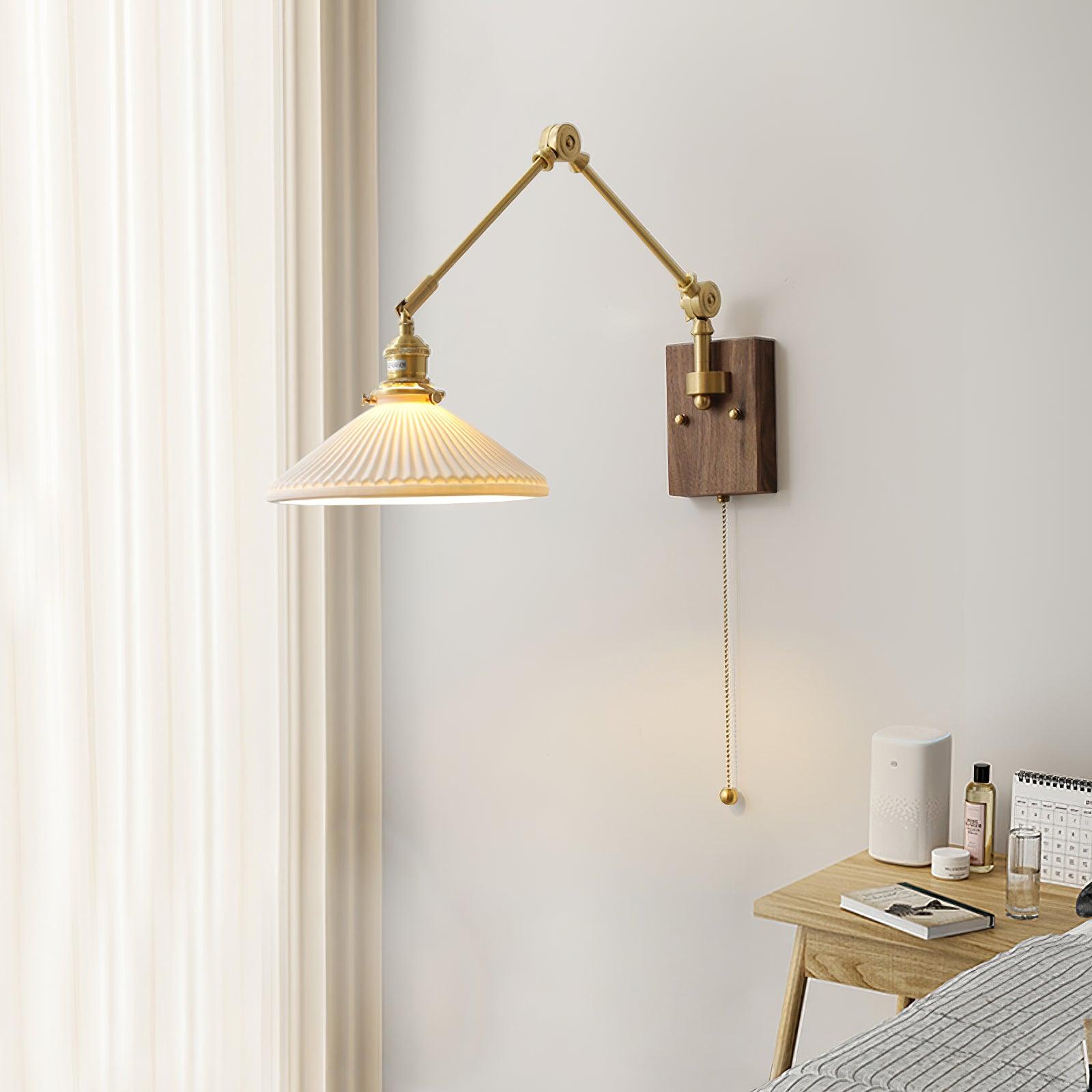 Wall Lamp Adjustable Arm Pleated Shade Walnut Base Vintage Task - Letslighting