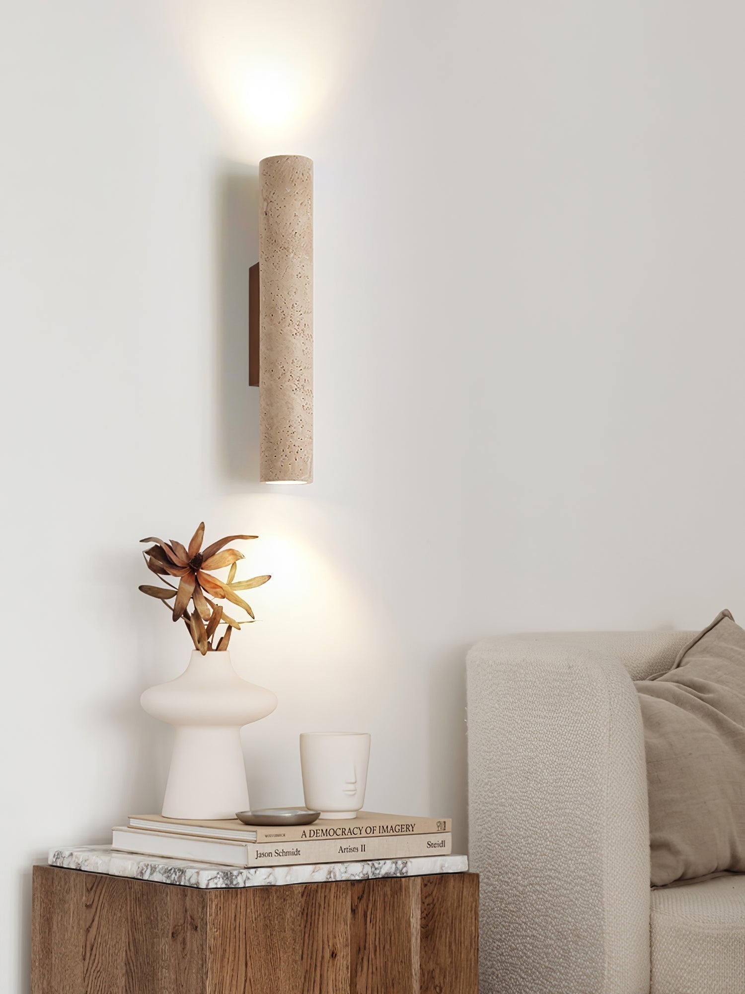 Olvaros Slim Cylinder Travertine Wall Light - Neutralighting