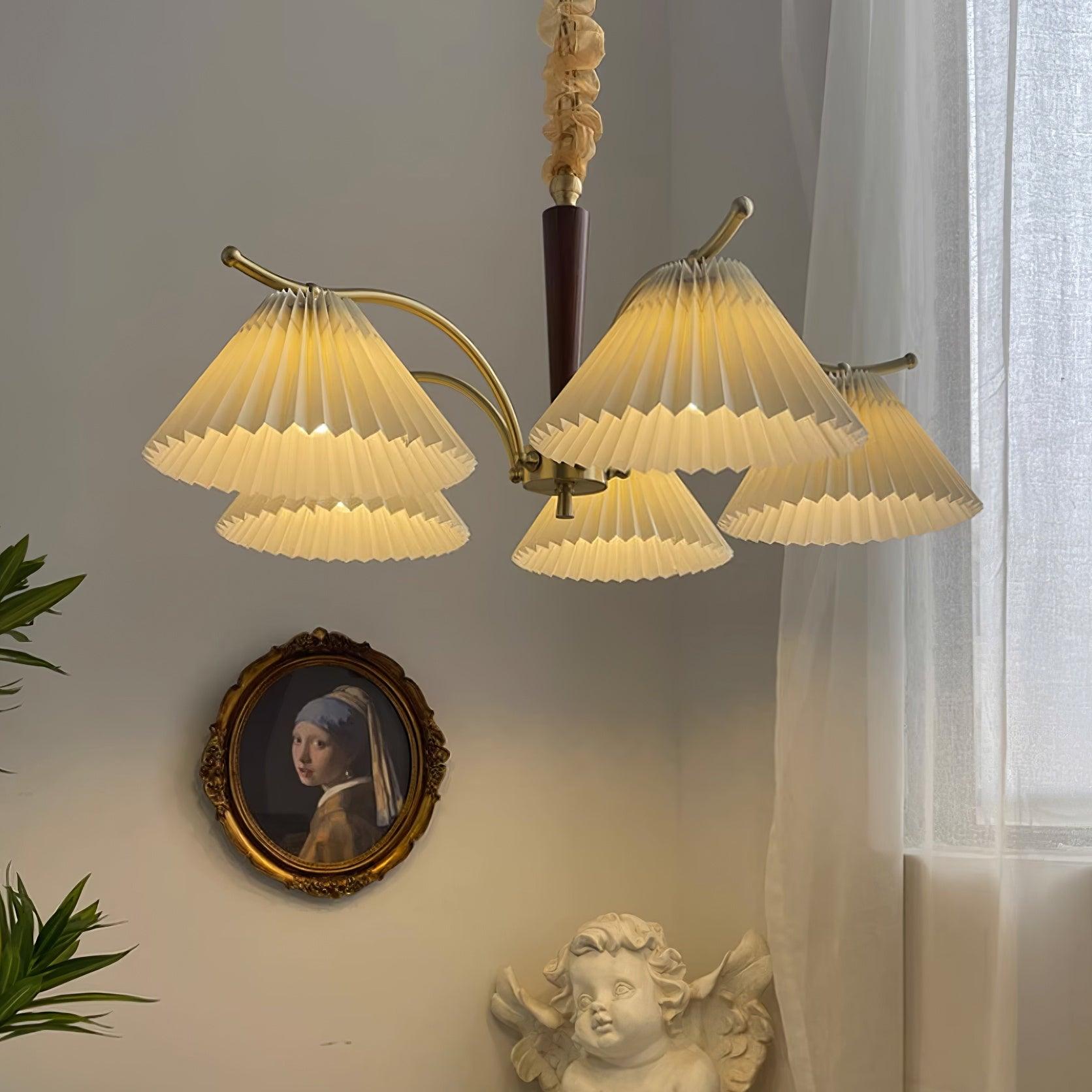 Chandelier Pleated Fabric Shades Walnut Brass Arms Warm Retro - Letslighting