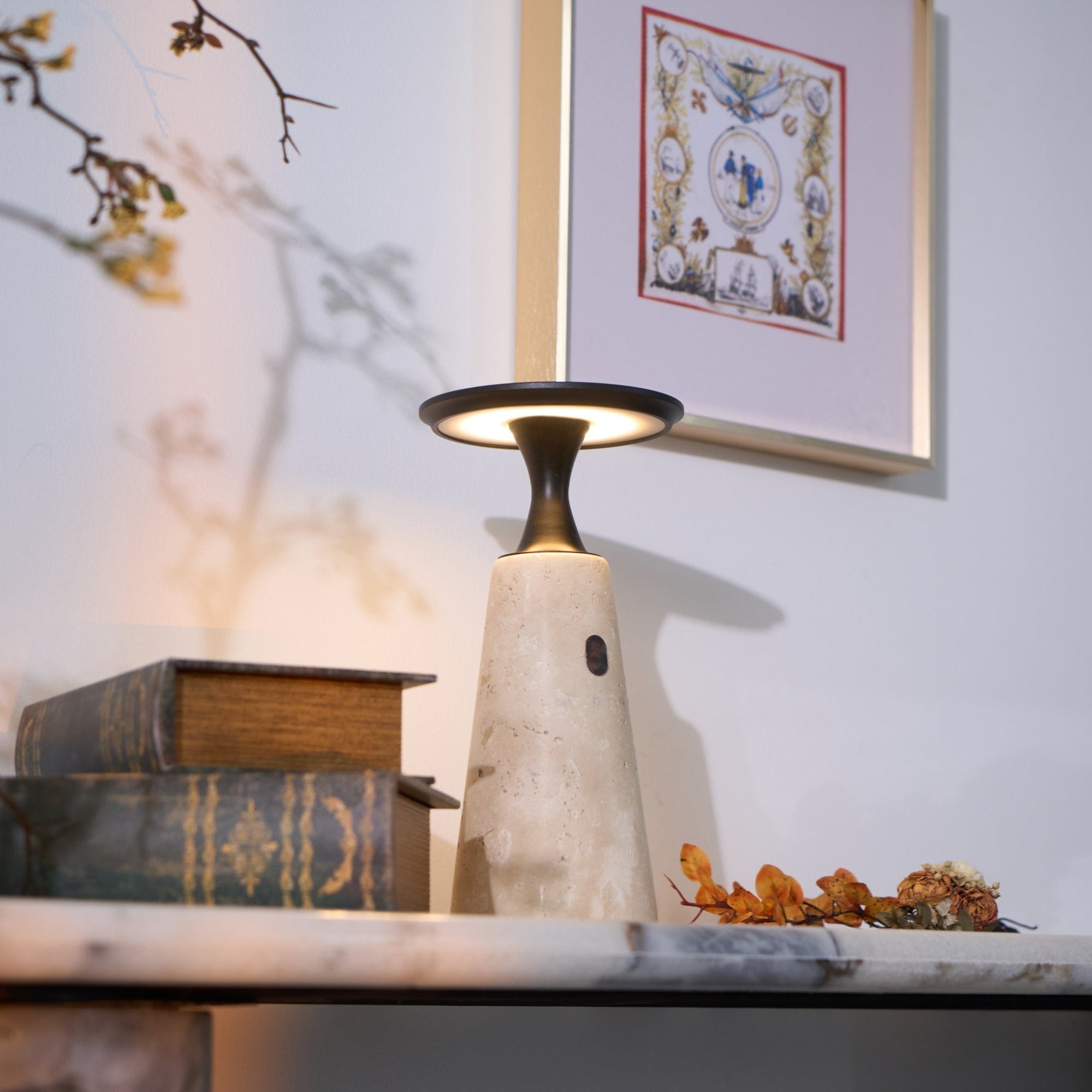 Vespera Sculptural Travertine Table Lamp - Neutralighting