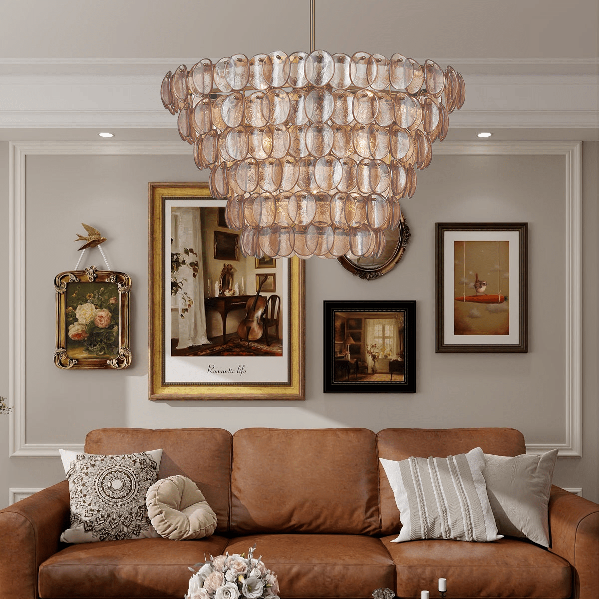 Aurora Chandelier Large Amber Glass Disc Fish Scale Brass - Neutralighting