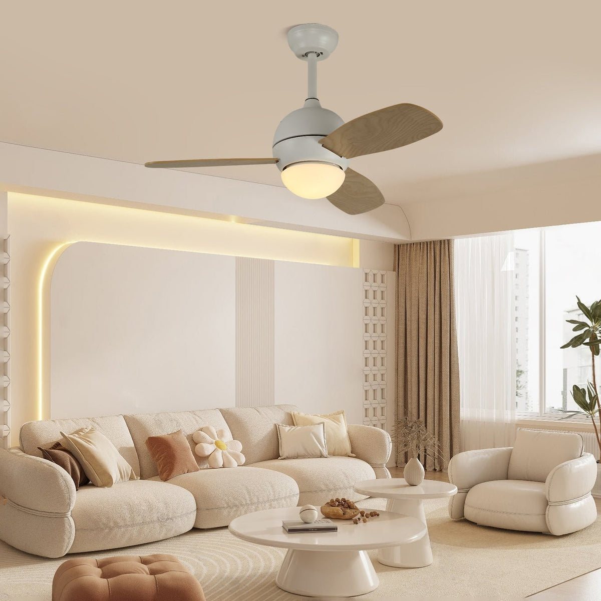Vista dettagliata del telecomando e delle funzionalità della plafoniera ventilatore Vevo.