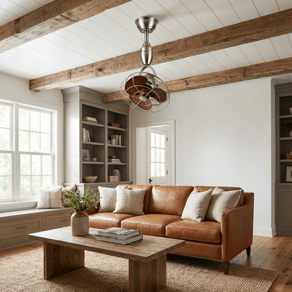 Ventilatore da Soffitto Industriale Classico Winston, primo piano della struttura in metallo e delle pale