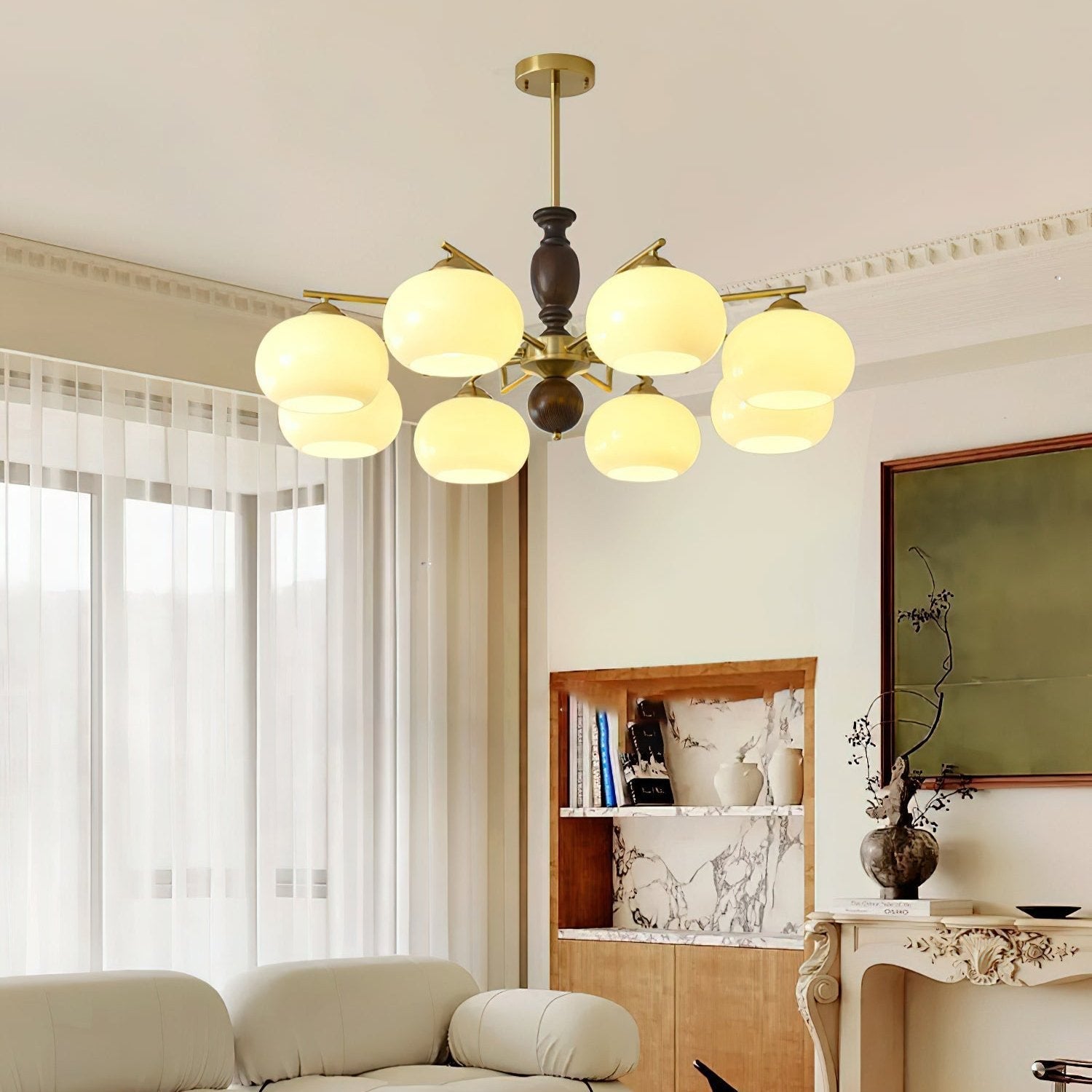 Aurora Chandelier Walnut Beige Orb - Blowlighting