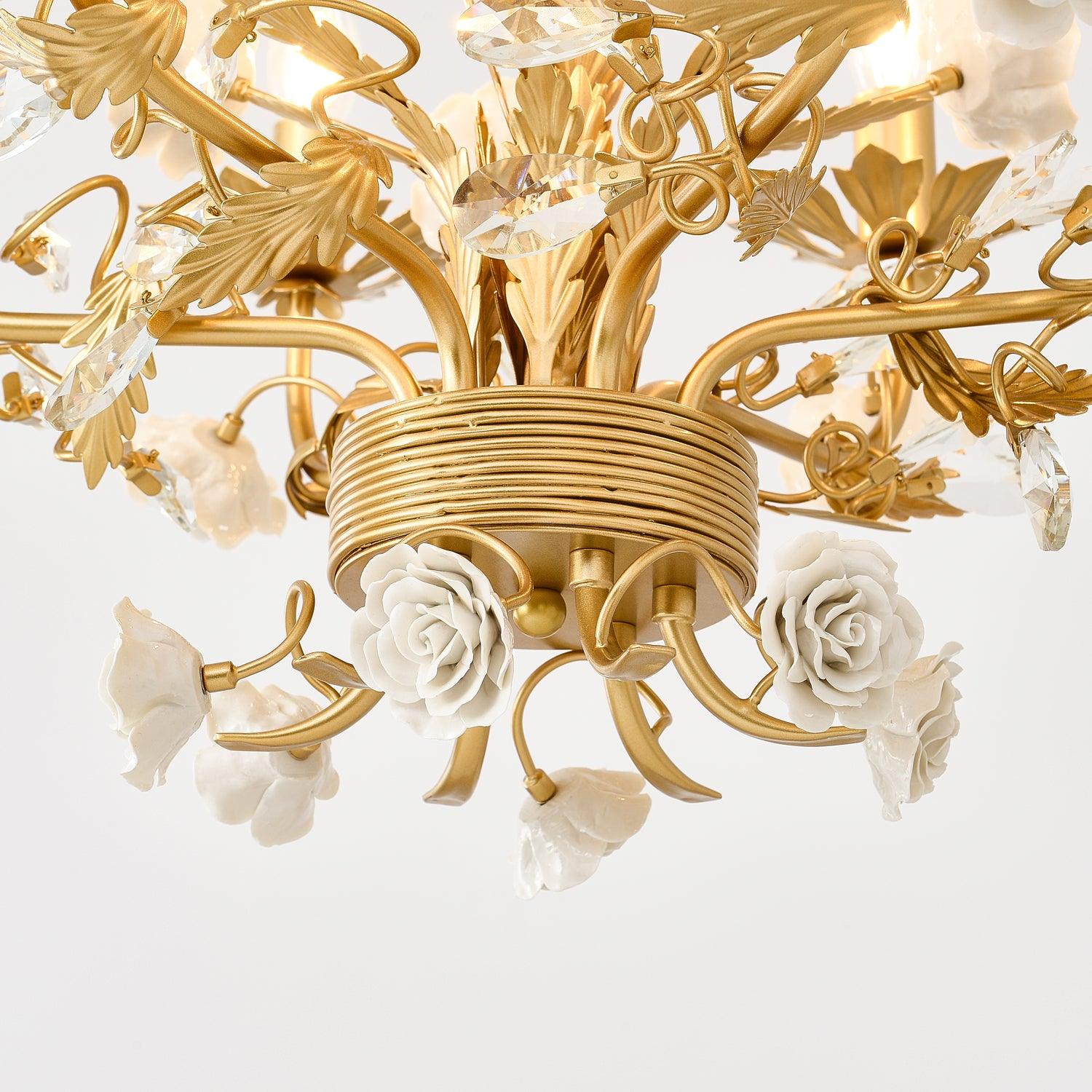 Chandelier Ornate Metal Frame Porcelain Roses Crystal Classic Luxury - Letslighting