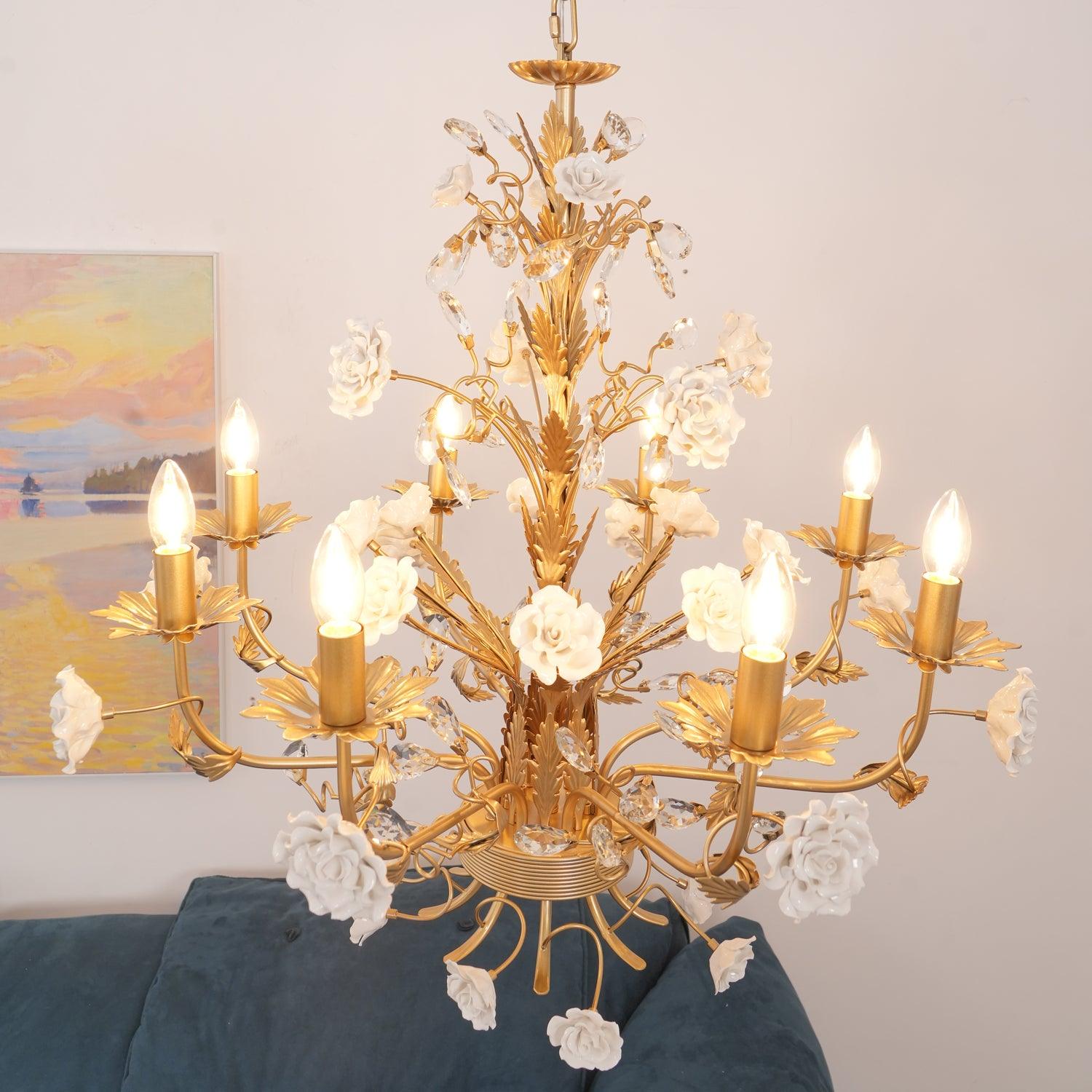 Chandelier Ornate Metal Frame Porcelain Roses Crystal Classic Luxury - Letslighting