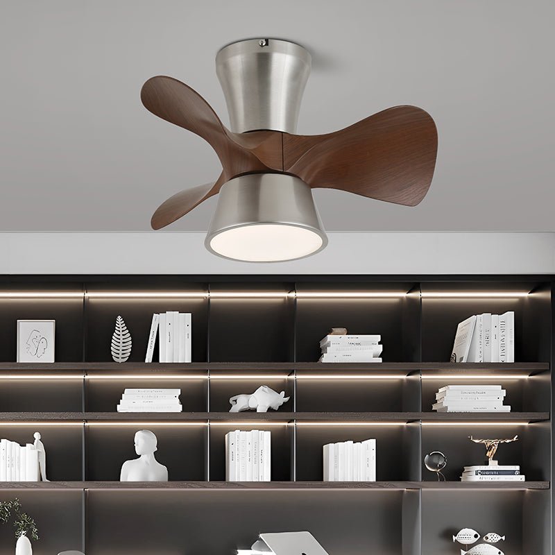 Ventilatore da soffitto Luvora minimalista con luce in un ambiente camera da letto