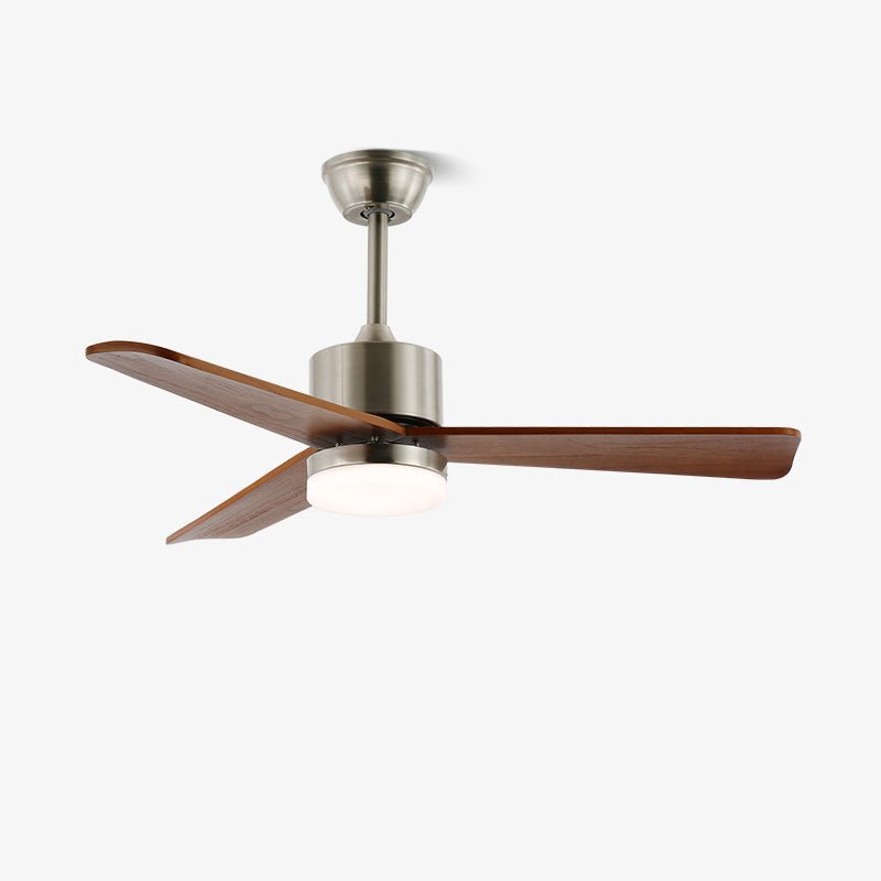 Ventilatore da soffitto con luce Ventio Minimalista in Argento e Legno, vista completa.