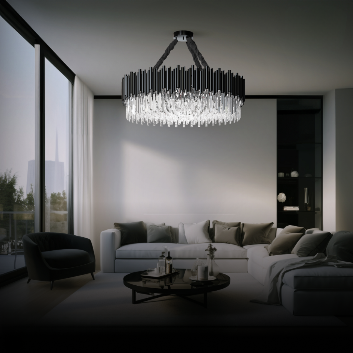 Kristy Industrial Rotondo Cristallo/Metallo Lampadari Soggiorno Nero