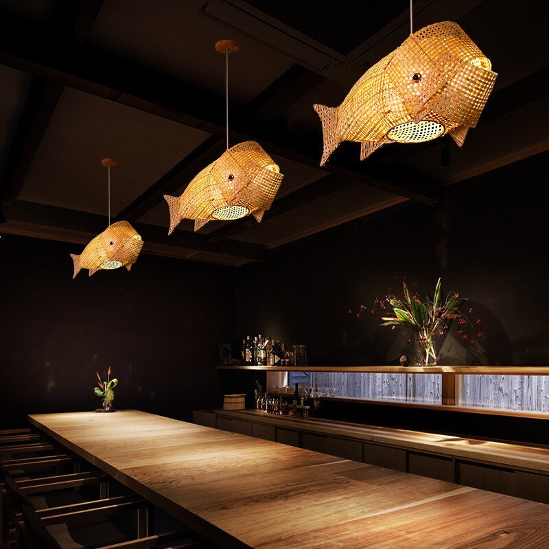 Ritta Moderni LED Lampada a Sospensione Pesce Bambù Oro Soggiorno/Camera da Letto