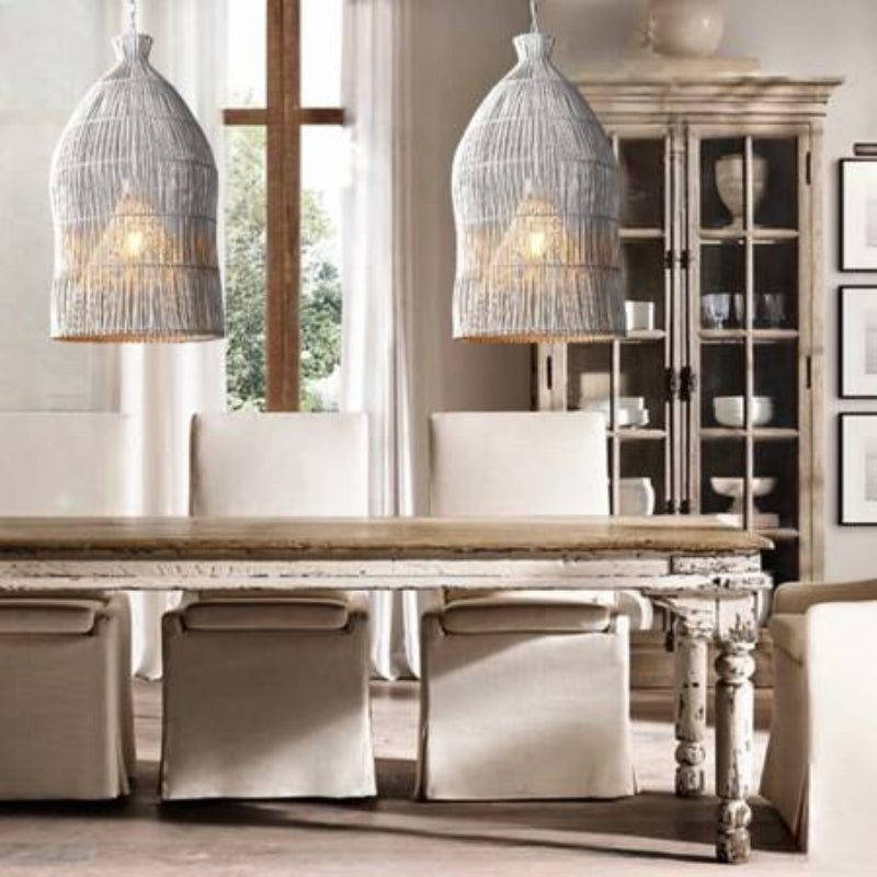 Ritta Lampada a Sospensione LED Design a Gabbia per Uccelli in Metallo/Rattan Nero/Bianco per Camera da Letto/Soggiorno