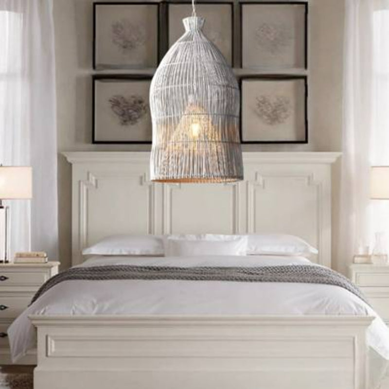 Ritta Lampada a Sospensione LED Design a Gabbia per Uccelli in Metallo/Rattan Nero/Bianco per Camera da Letto/Soggiorno