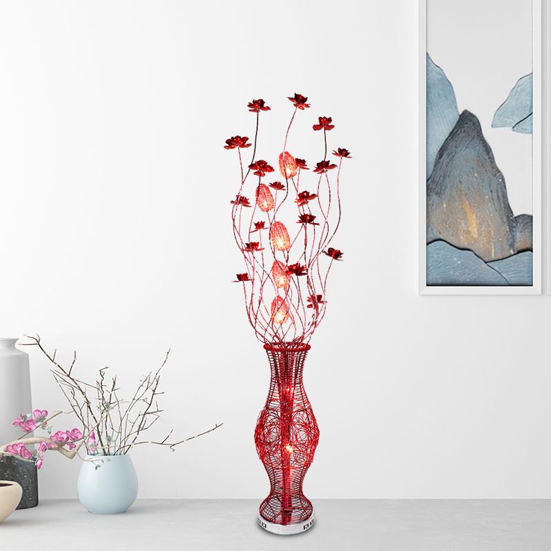 Arisha Moderni LED Lampade da Terra Arte Deco Fiore Vase Metallo Rosso Soggiorno