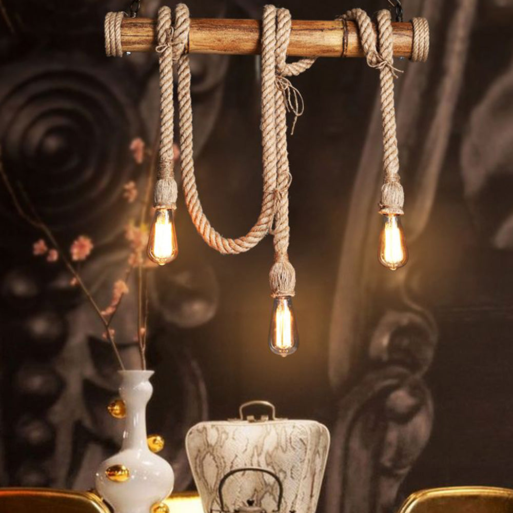 Silva Vintage Design LED Lampade a Sospensione Metallo/Bambù Corda di Canapa