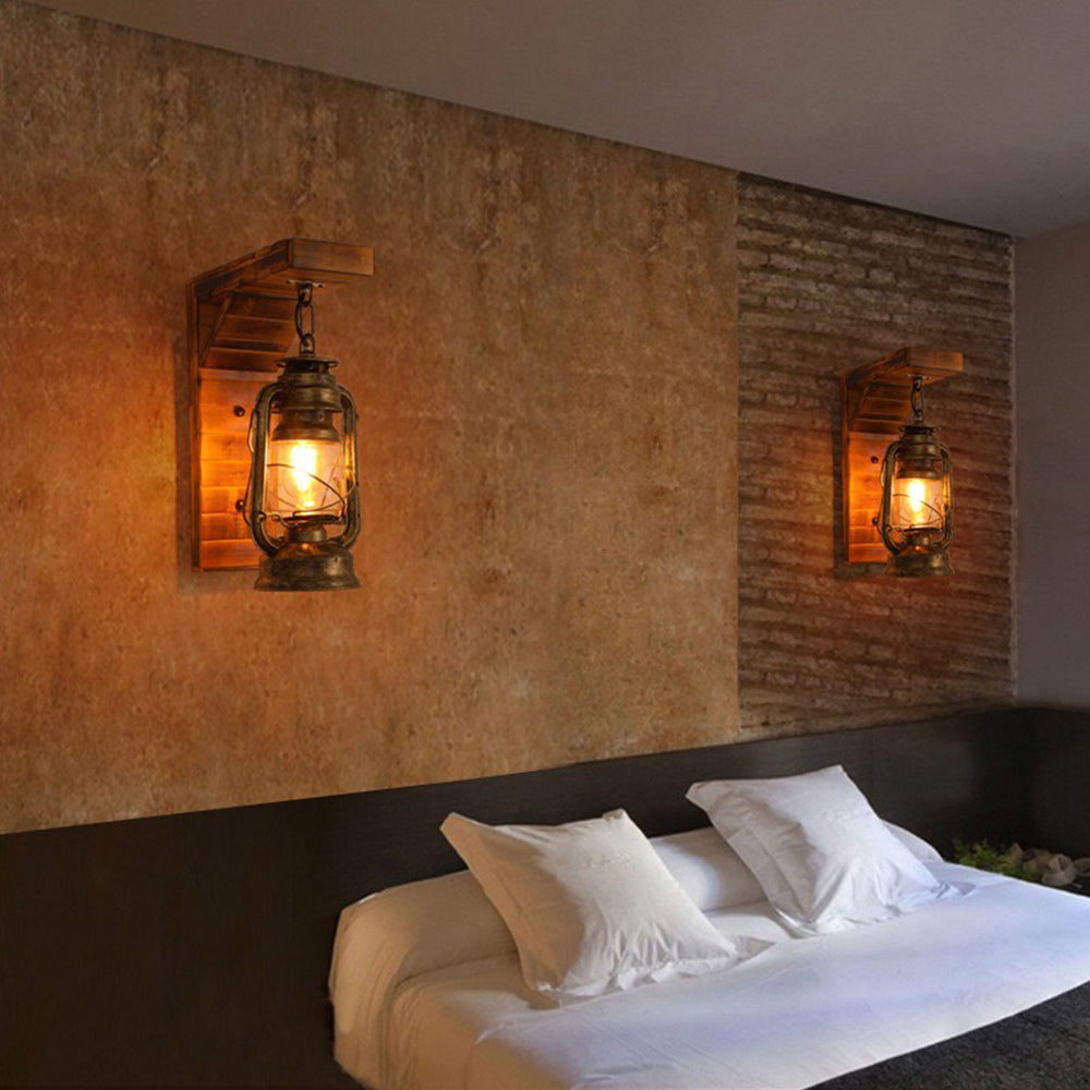 Epoch Vintage Industriale LED Applique Metallo Legno Lanterna Soggiorno/Camera da Letto