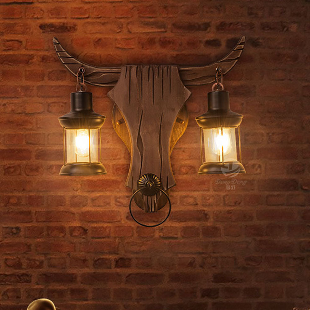 Epoch Industriale LED Design Applique Testa di Toro Legno Marrone Metallo Camera da Letto