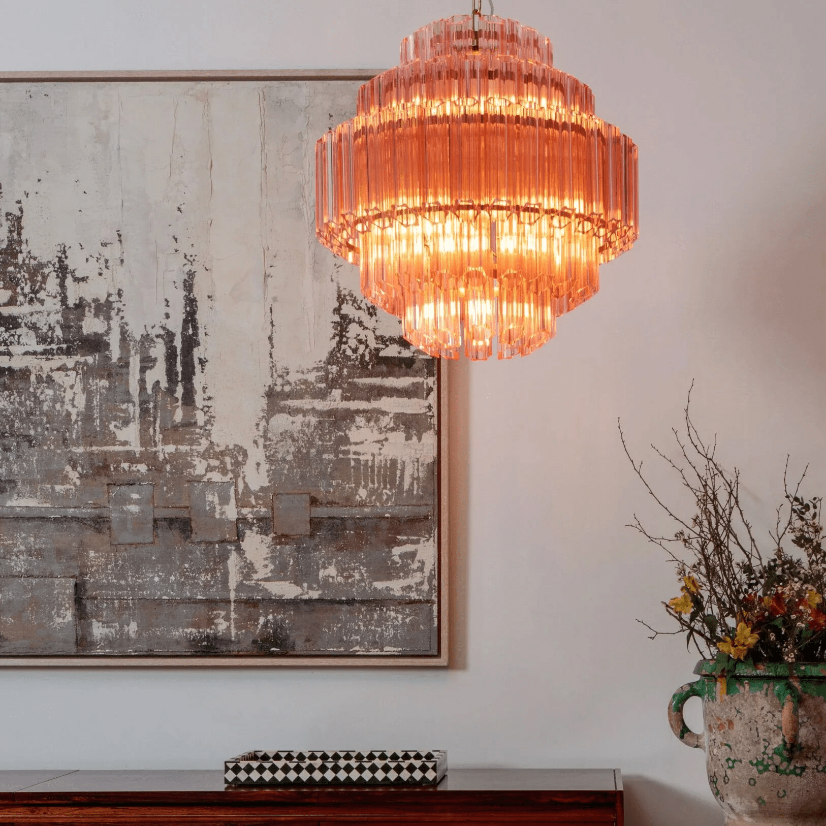 Aurora Chandelier Pink Glass Tube Layered Diamond - Neutralighting