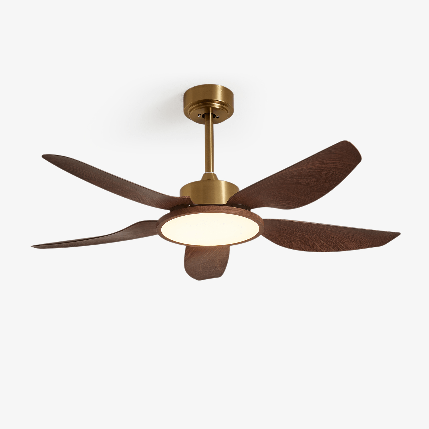 Ventilatore da Soffitto Aurelia Moderno in Legno e Ottone con Luce, vista generale.