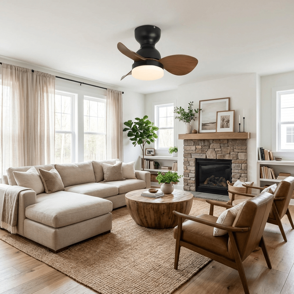Ventilatore da Soffitto con Luce Silas in un ambiente soggiorno moderno