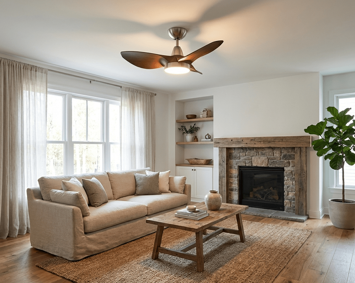 Vista lifestyle del ventilatore da soffitto Soren con luce in un ambiente interno