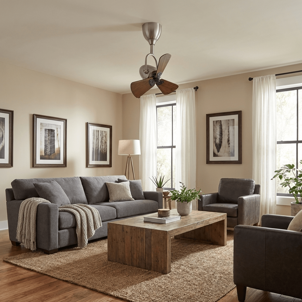 Primo piano delle pale in legno del ventilatore da soffitto
