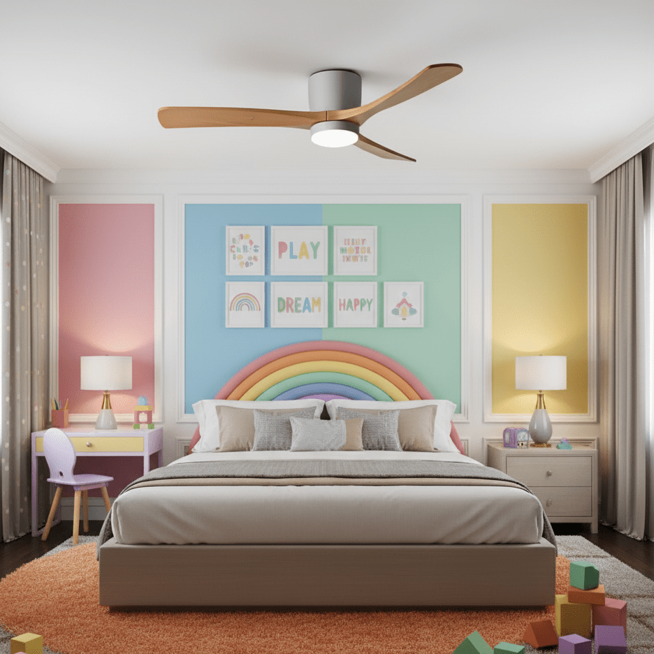 Schema che mostra le dimensioni del ventilatore da soffitto Nordico Ezra con luce