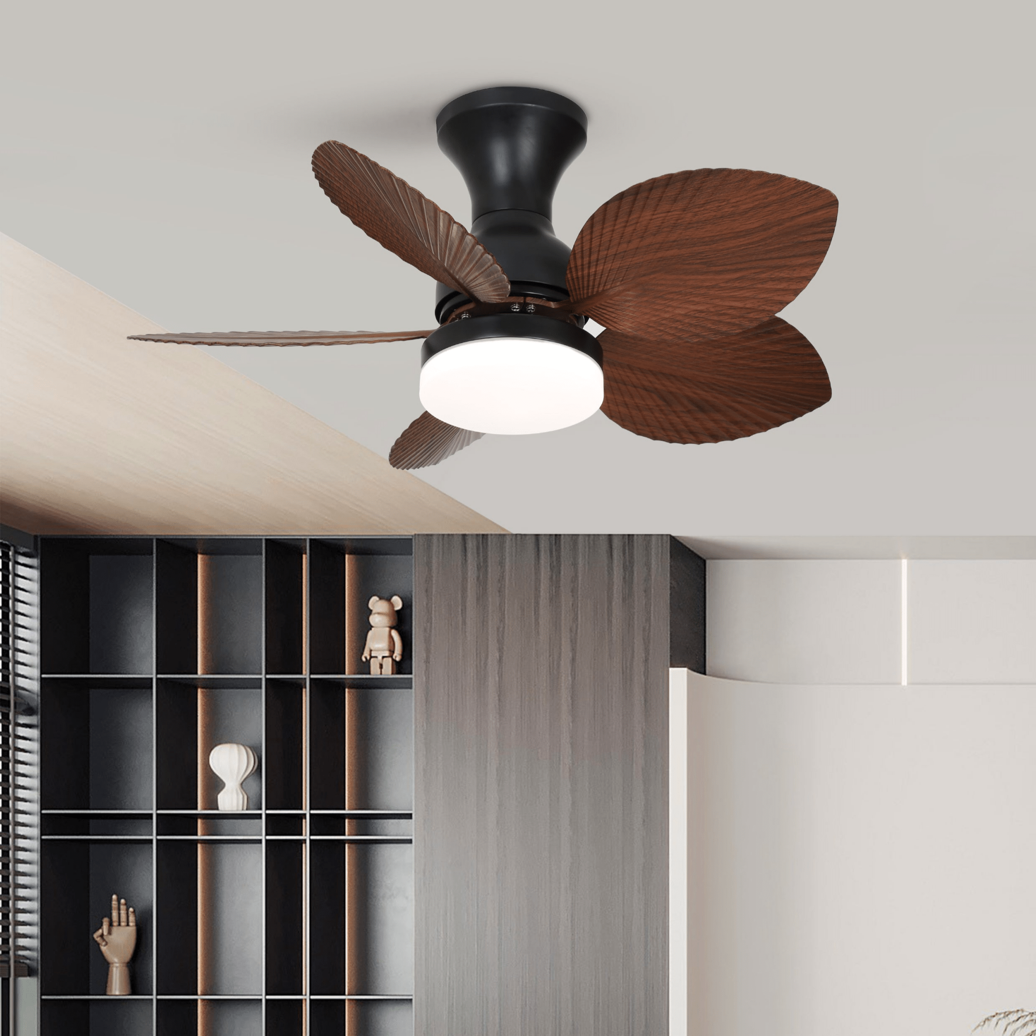 Primo piano delle pale in legno di noce del Ventilatore da Soffitto con Luce Vintage Florence