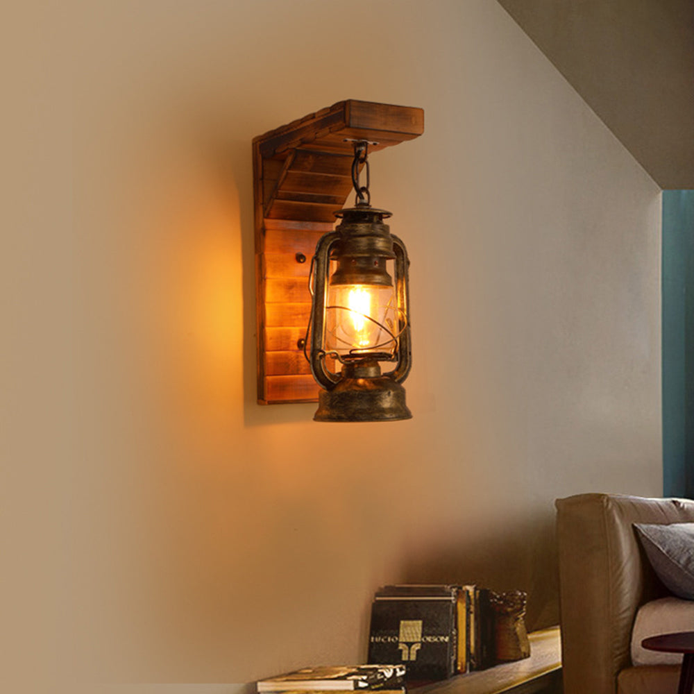 Epoch Vintage Industriale LED Applique Metallo Legno Lanterna Soggiorno/Camera da Letto