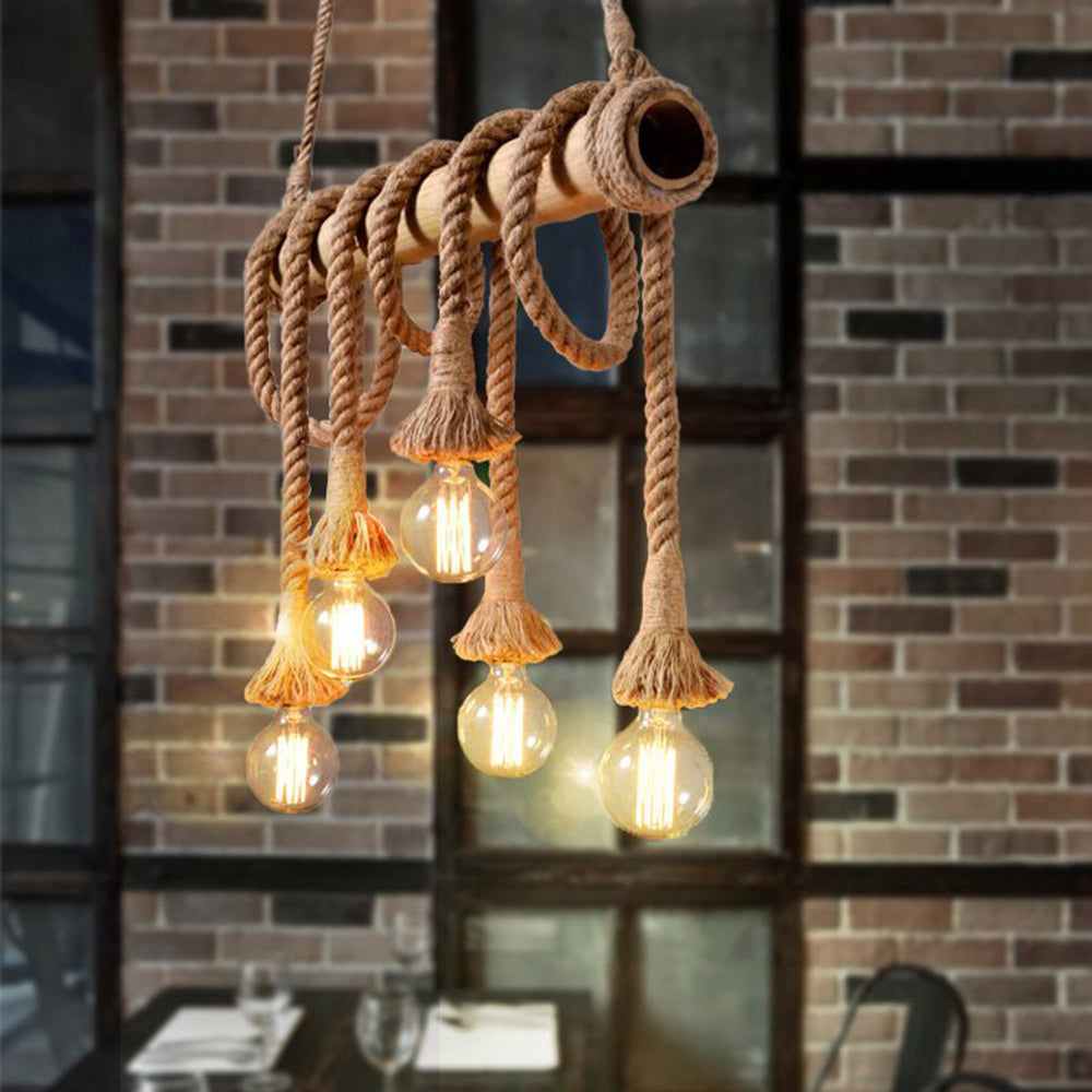 Silva Vintage Design LED Lampade a Sospensione Metallo/Bambù Corda di Canapa