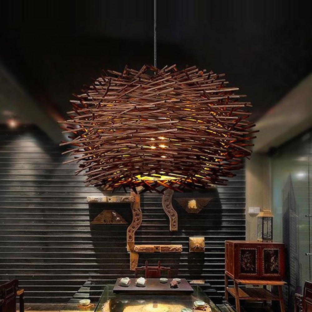 Muto Nido Uccelli Legno Rattan Lampade a Sospensione Marrone Legno