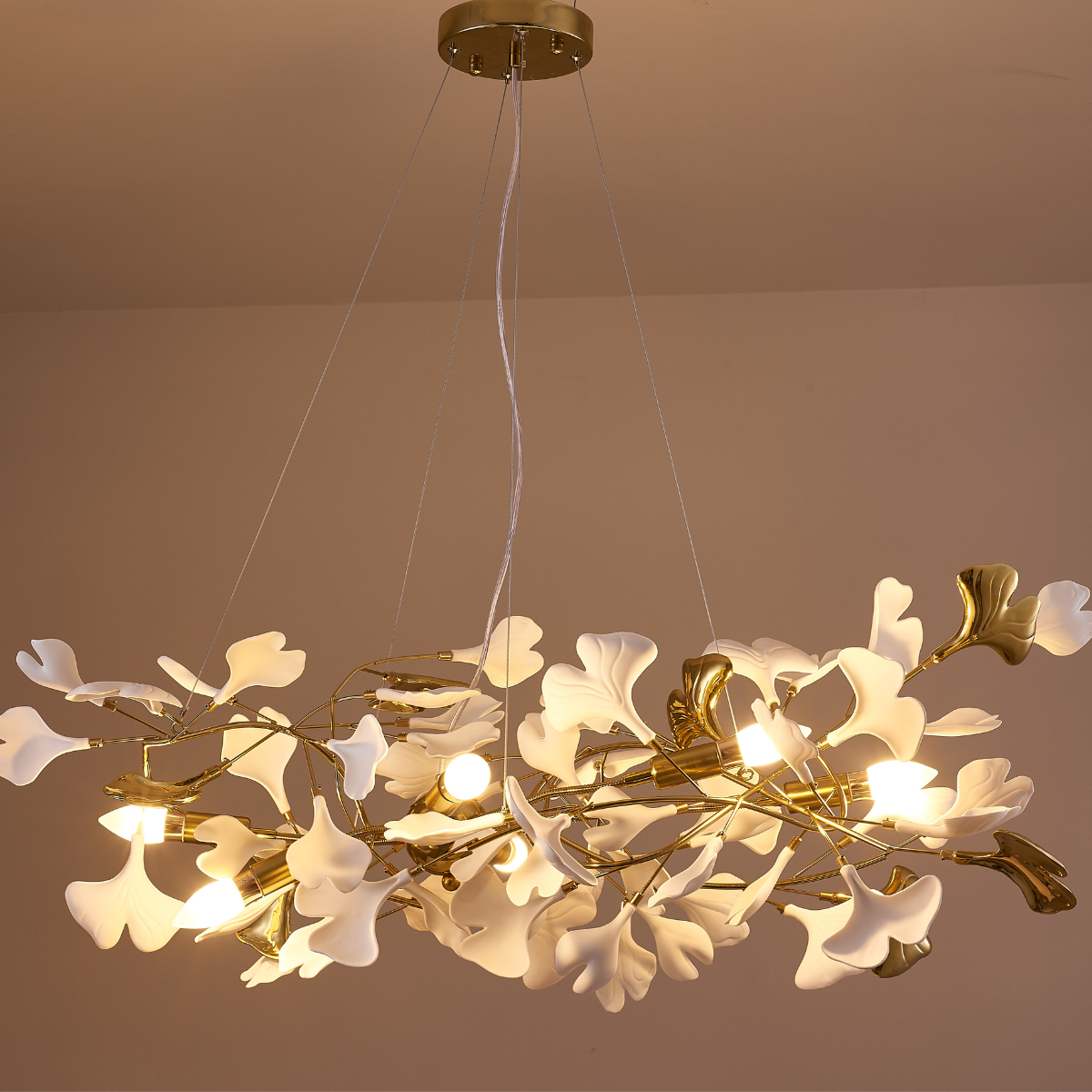 Olivia Lampada a Sospensione Ceramica Grande Foyer Foglia Gingko Soggiorno Lusso