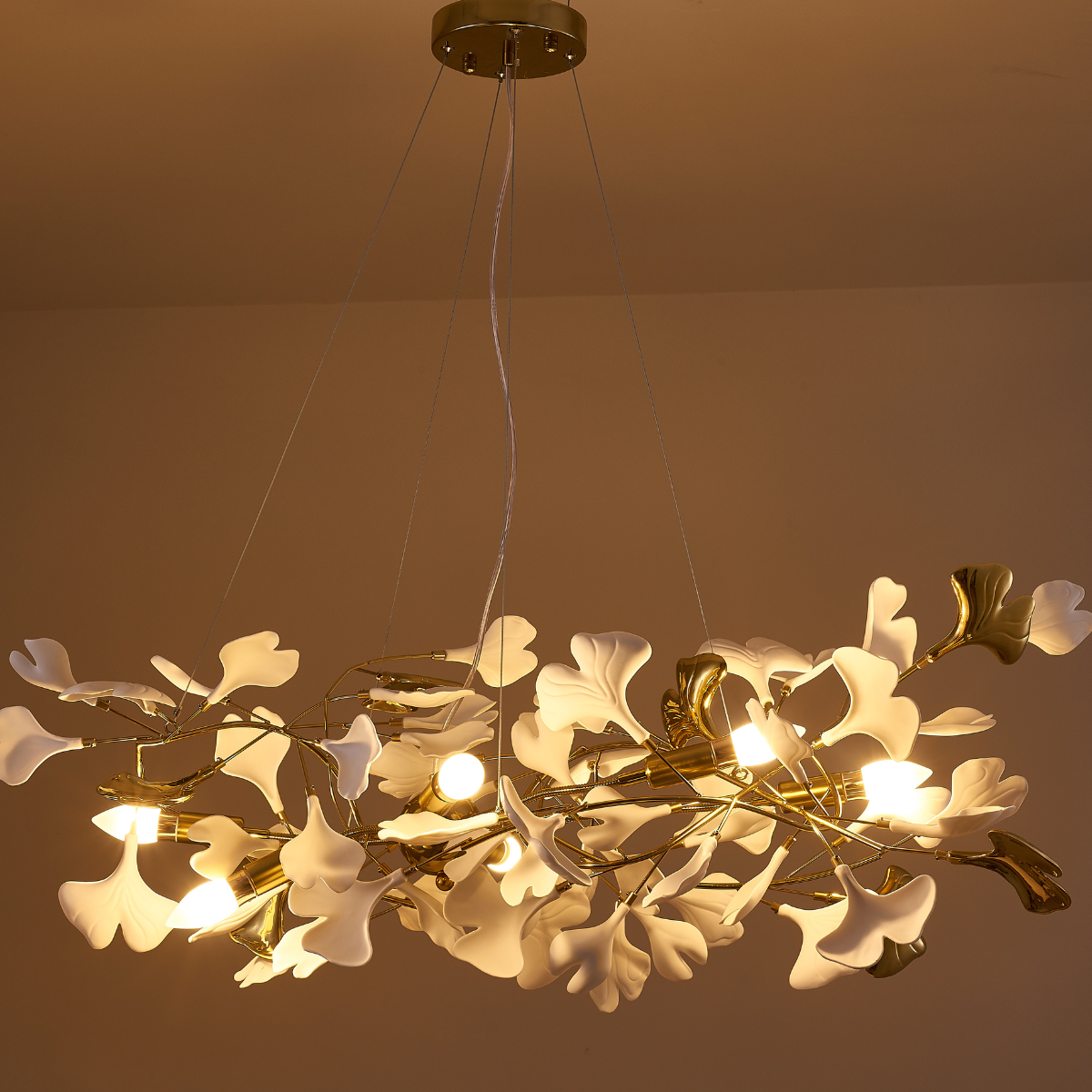 Olivia Lampada a Sospensione Ceramica Grande Foyer Foglia Gingko Soggiorno Lusso