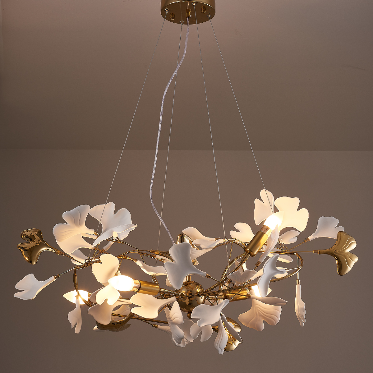 Olivia Lampada a Sospensione Ceramica Grande Foyer Foglia Gingko Soggiorno Lusso